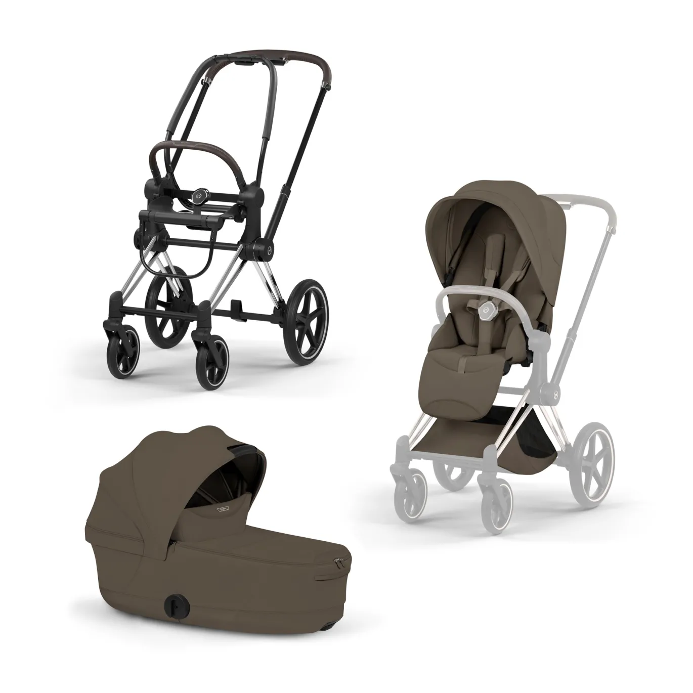 Set Priam Style Rahmen Chrome Brown mit Wanne und Sitzpaket in Dark Brown 26