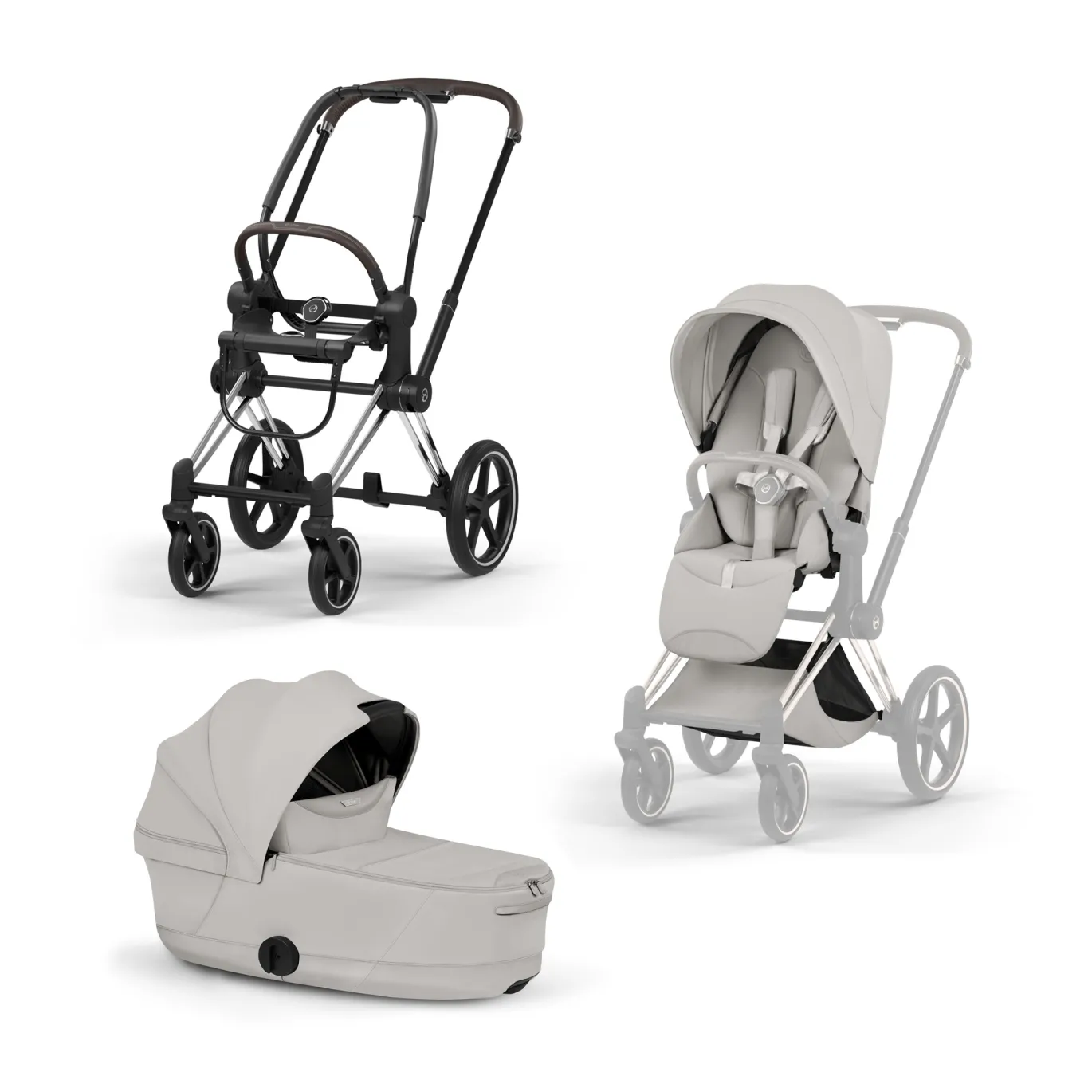 Set Priam Style Rahmen Chrome Brown mit Wanne und Sitzpaket in Light Grey 26