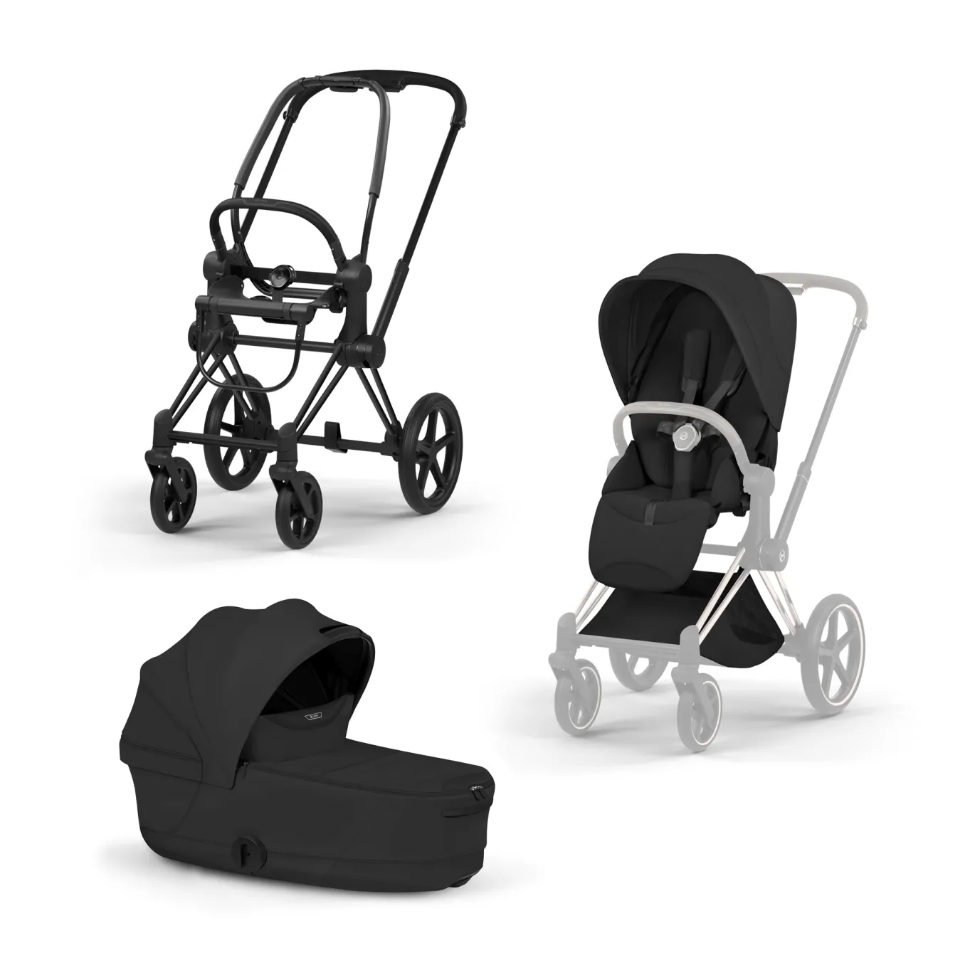 Set Priam Style Rahmen Matt Black mit Wanne und Sitzpaket in Sepia Black 26