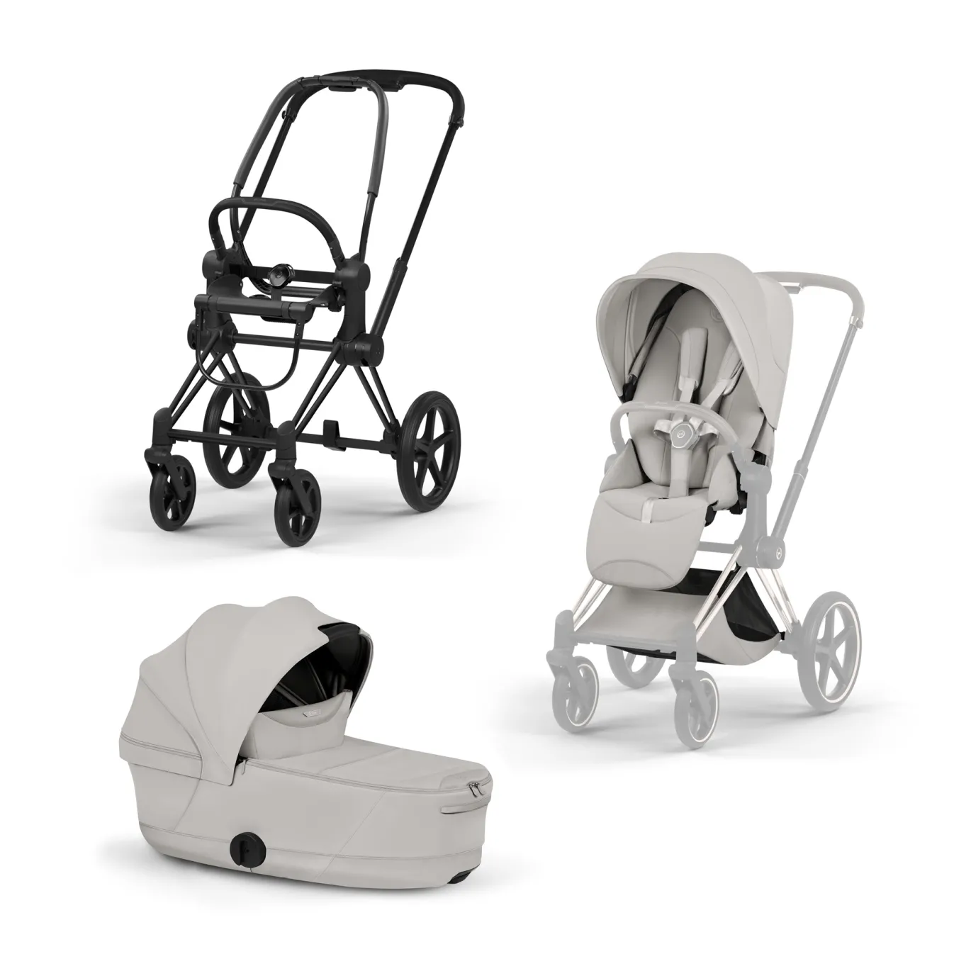 Set Priam Style Rahmen Matt Black mit Wanne und Sitzpaket in Light Grey 26
