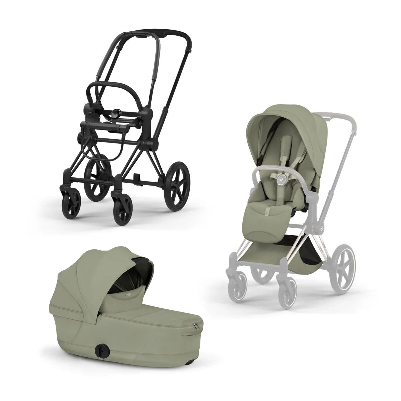 Set Priam Style Rahmen Matt Black mit Wanne und Sitzpaket in Mid Green 26